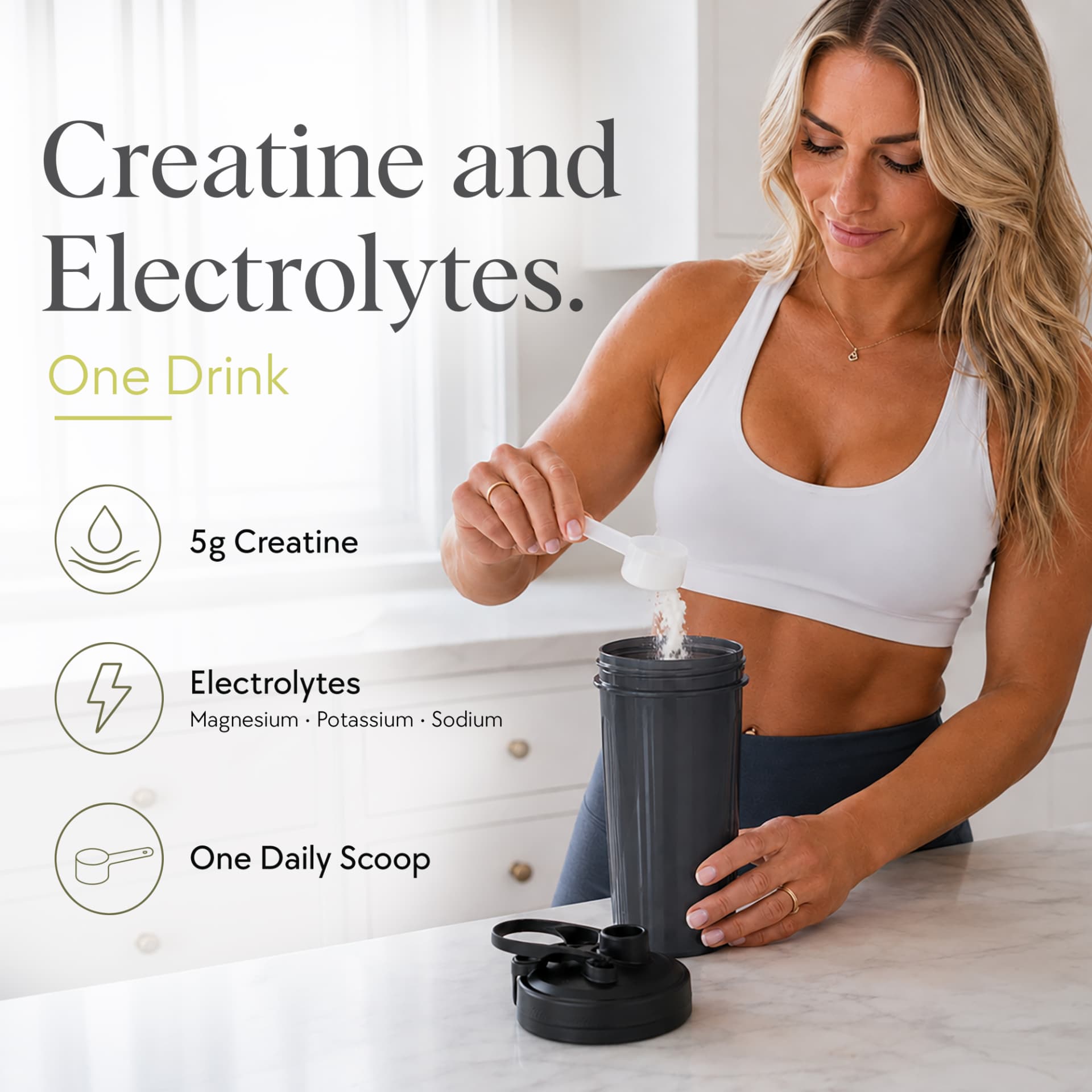 Woman scooping Cleira creatine powder into a shaker bottle in a kitchen