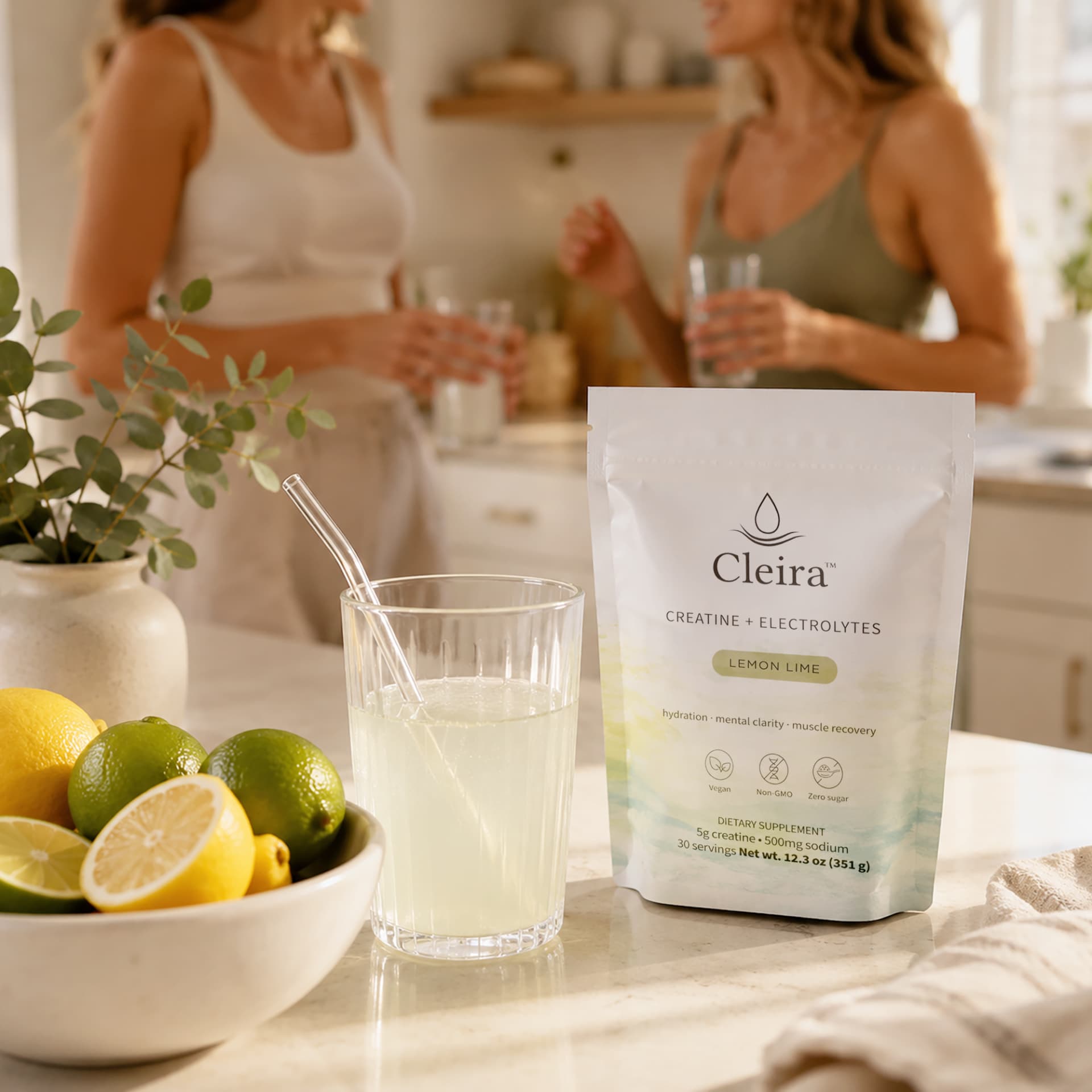 Cleira pouch and a glass of lemon-lime drink on a kitchen counter with two friends talking