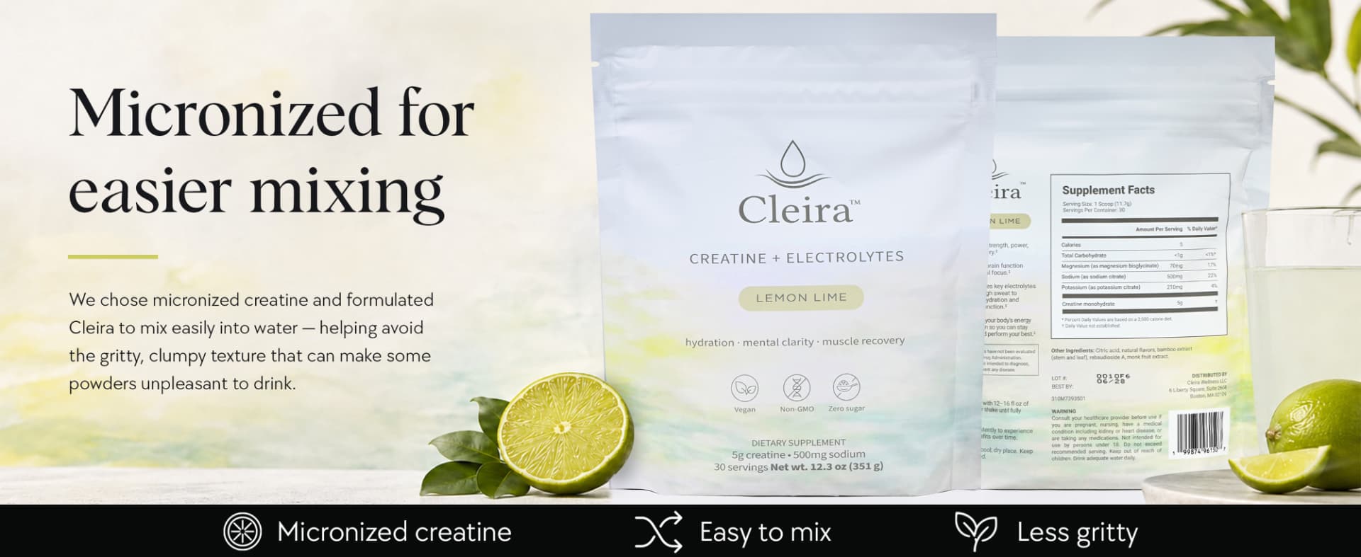 Cleira pouch front and back panel showing the printed Supplement Facts