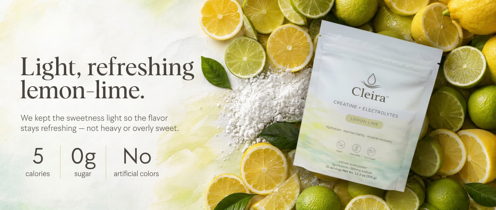 Cleira lemon lime creatine pouch styled with fresh lemons and limes